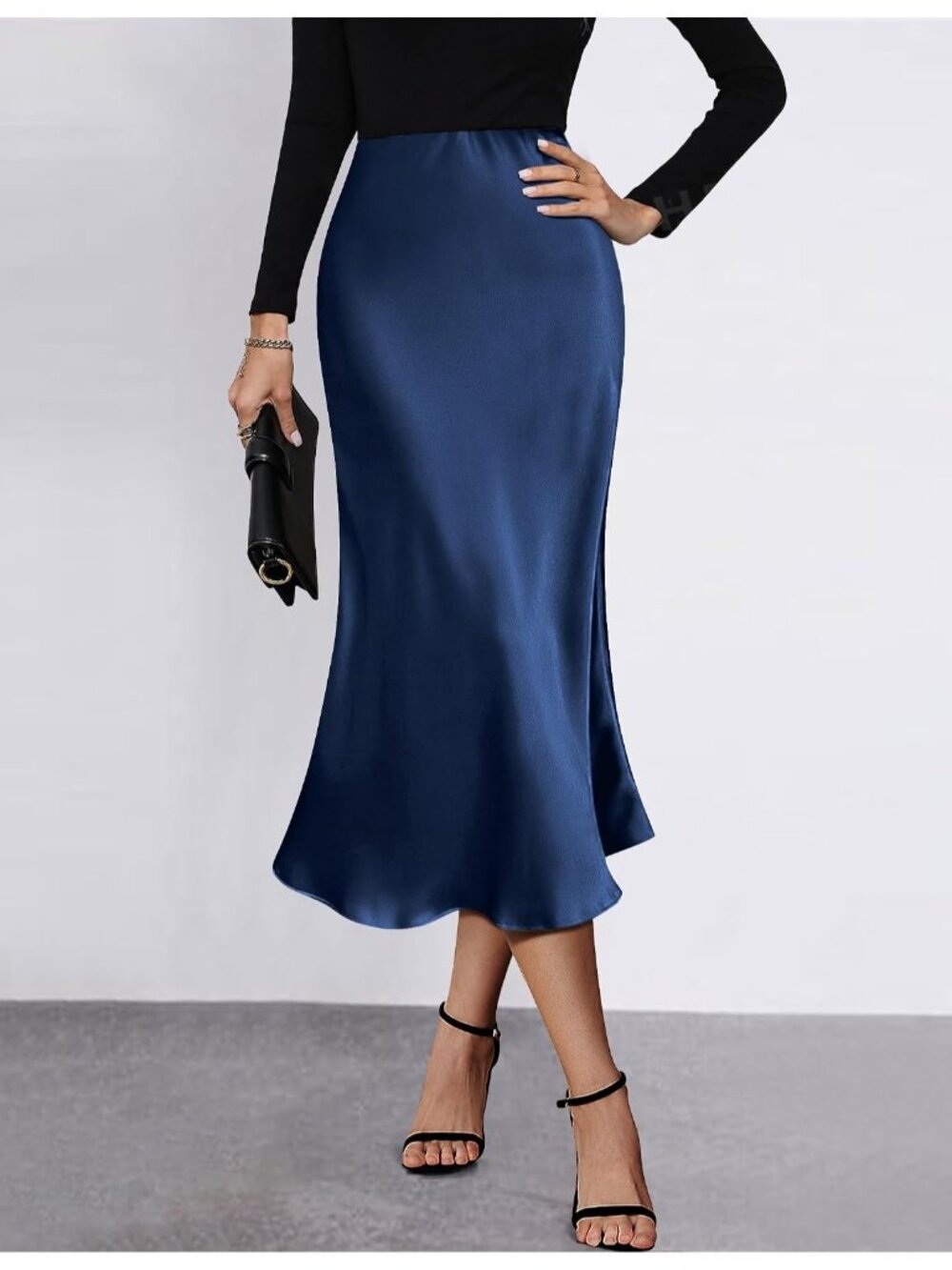 Women's Navy Blue High Waisted Satin Dress Zipper Silky Slip A-Line Midi Skirt - Picture 2 of 3